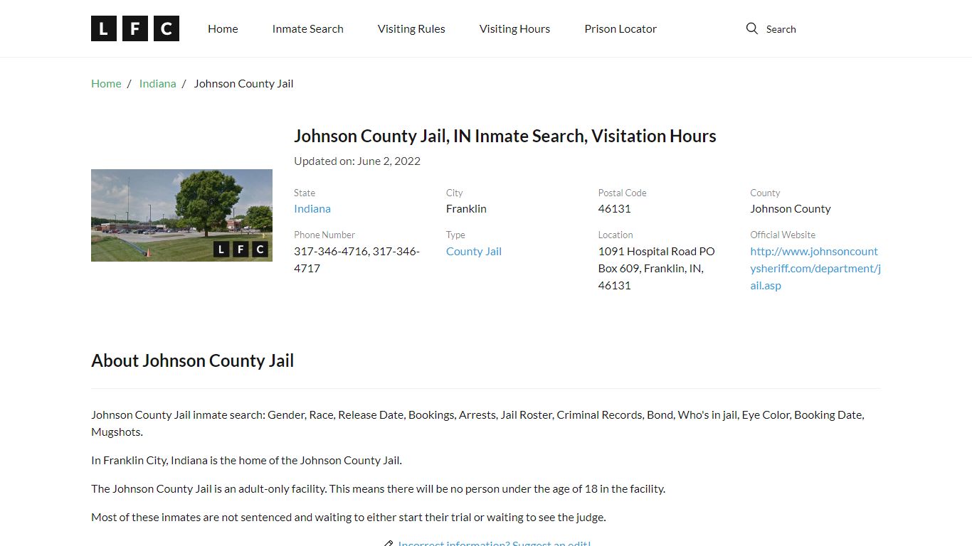 Johnson County Jail, IN Inmate Search, Visitation Hours